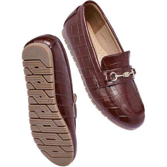 Women's Burgundy Faux Leather Arch Support Casual Slip on Comfort Penny Loafers - Picture 4 of 7